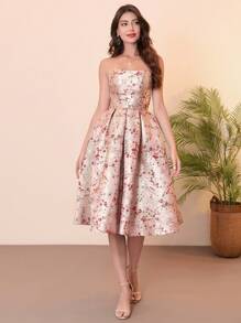 奢华宫廷风格提花面料 Prome 连衣裙，带侧袋，女士圣帕特里克节鸡尾酒会礼服、派对礼服、婚礼宾客礼服 - 酒紅色 - 查看 2