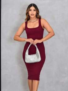 Casual Midi Ribbed Tank Dress In Premium 100% Cotton - Burgundy - View 2
