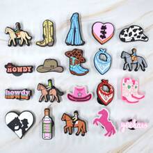 20PCS/SET Cowgirl Series Pvc Giày Charms Ngựa Hồng Howdy Cowgirls Mũ Cao Bồi Khăn Trùm Đầu Hoa Văn Phụ Kiện Giày Quà Tặng Tuyệt Vời Cho Các Bữa Tiệc - Đen và trắng - Xem 5
