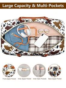 3PCS/1PC Weekender Bag For Women/Men, Travel Duffel Bag Carry On Overnight Bag With Shoe Compartment Nylon Travel Weekend Tote Bag,Cow Pattern - Brown - View 3