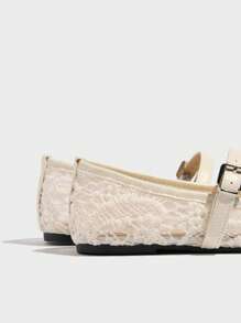 Women's Lace Ballet Flats Breathable Mesh Slipper Shoes, Square Toe Mary Jane Style, White