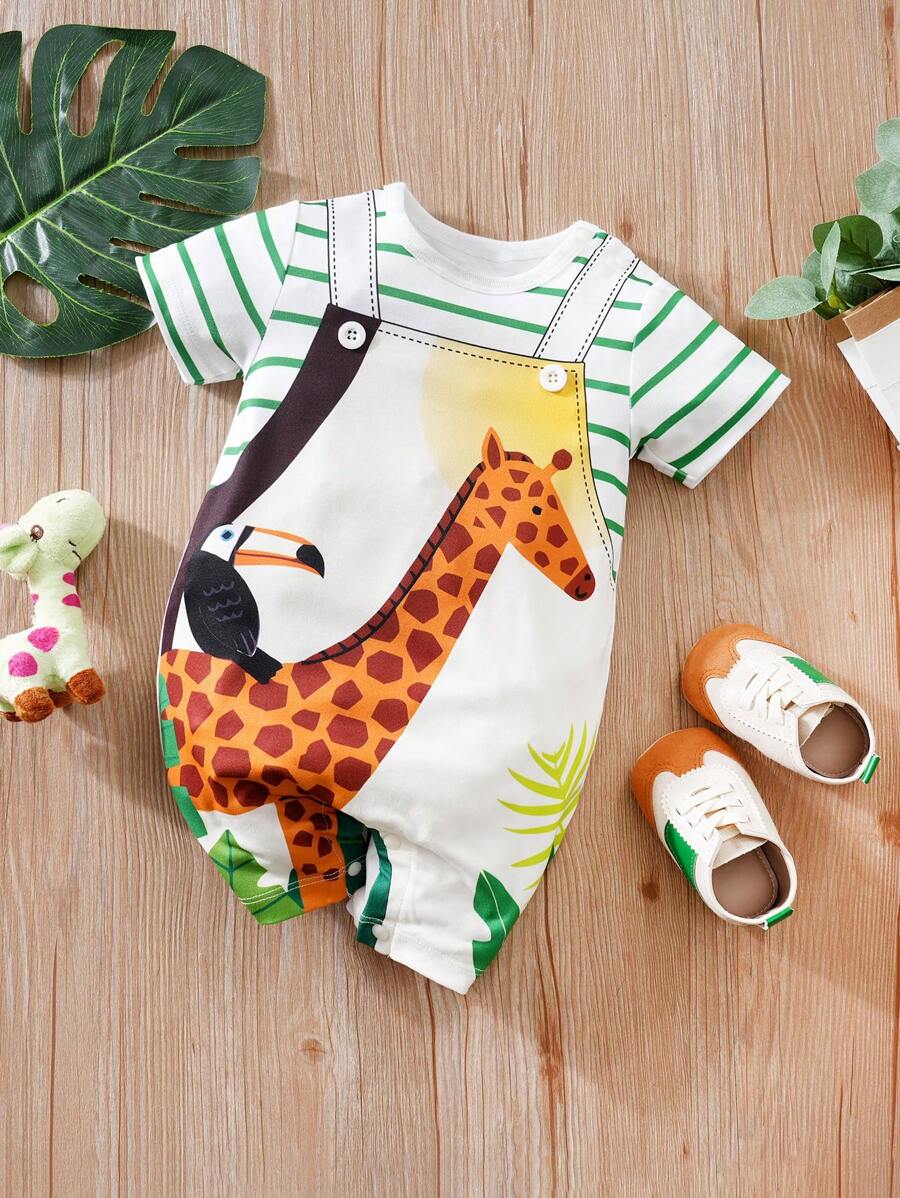 Yierying 幼儿可爱长颈鹿印花短袖围兜前舒适简约连体衣 - 彩色 - 查看 1