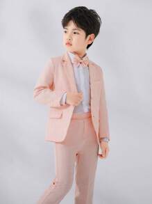 Conjunto de traje a cuadros para niño pequeño de 3 piezas: chaqueta, pantalones y pajarita, adecuado para eventos formales, bodas, actuaciones, uniformes escolares, cumpleaños, Navidad - Rosa - Ver 2