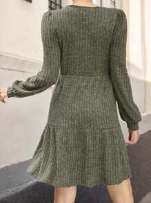 tooluck Dresses For Women,Sweater Dresses For Women,Casual Dresses For Women,Womens Square Neck Long Sleeve Fall Dresses Casual Babydoll Sweater Dress - 軍綠色 - 查看 2