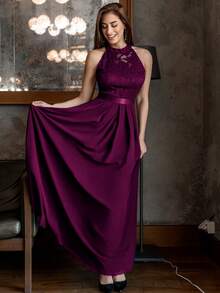 MIUSOL Backless Lace Ruffle Chiffon Formal Party Dress - Maroon - View 4