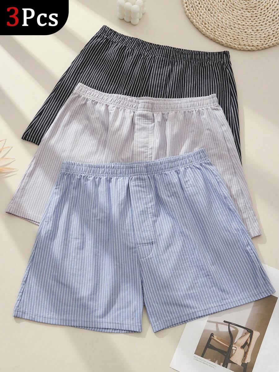 HIALEGION 3 Pcs Men's Long Leg Boxers Comfortable Aloe Pants Striped Multicolor Loose Men's Underwear Daily Fashion Young Men's Boxers