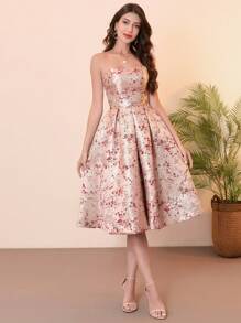 奢华宫廷风格提花面料 Prome 连衣裙，带侧袋，女士圣帕特里克节鸡尾酒会礼服、派对礼服、婚礼宾客礼服 - 酒紅色 - 查看 6