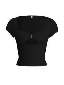 Vaiaye 女士性感深V领镂空修身针织短袖上衣，春夏性感复古T恤，女士健身服，适合日常穿着和通勤休闲黑色 - 黑色 - 查看 3