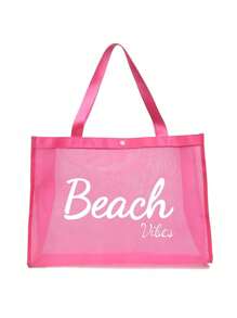 粉色网眼手提包，带有海滩字母印花设计，配有化妆包和太阳镜，网眼化妆包和靠垫粉扑收纳便携式化妆包，带有海滩字母印花设计，沙滩包 - 粉色 - 查看 14