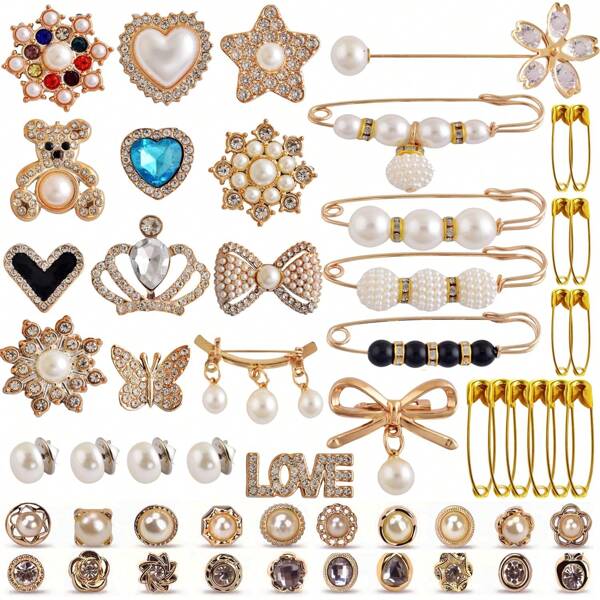 Charms For Socks Safety Pin Brooch,55pcs Junk Sock Charms Pins Gold Bling Sock Jewelry Charms,Brooch Pins For Socks,Pearl Rhinestone Brooch Pins Costom Shoe Sock Charms Kit Bulk For Hat Clothes Brooches, Gold Brooches For Women,Junk Socks Charms