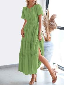 Womens Summer Maxi Dresses Short Sleeve High Waist Tiered Flowy A-Line Boho Bohemian Beach Long Dress Holiday Vacation Beach Valentine Long Dress Outfit - 綠色 - 查看 4