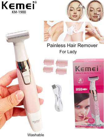 Kemei Depiladora eléctrica indolora para la cara KM-1900, máquina de depilación lavable para el vello de las cejas, el vello del Body, el vello de las axilas y el vello del bikini para mujer, para una piel suave en las piernas