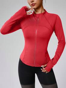 Chaqueta deportiva de manga larga con cremallera, de unicolor, con ojales para el pulgar, ajuste ceñido para fitness, yoga, correr