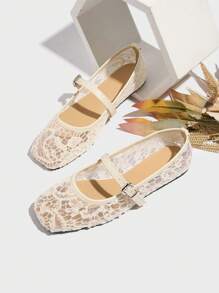 Women's Lace Ballet Flats Breathable Mesh Slipper Shoes, Square Toe Mary Jane Style, White