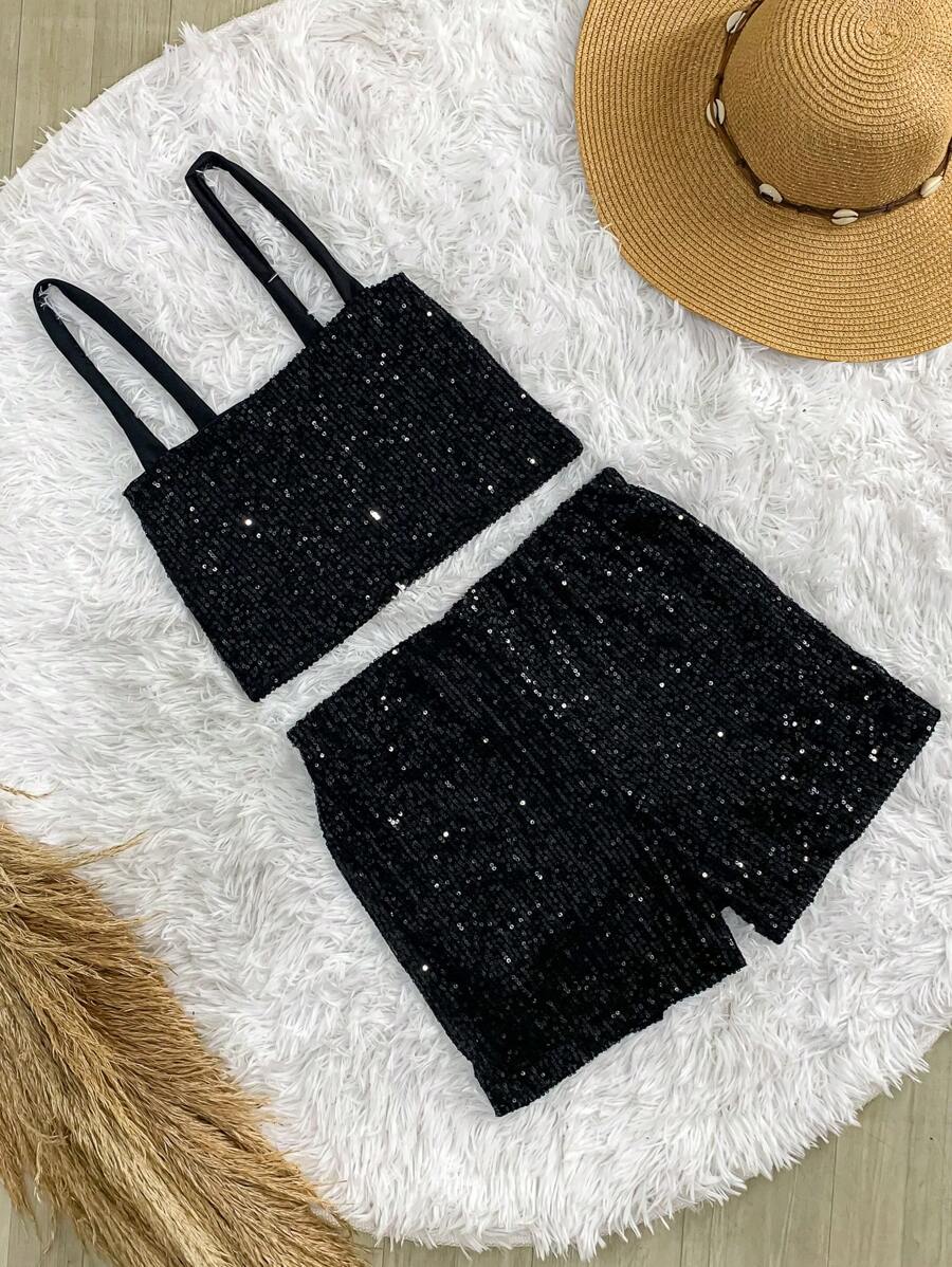 Women's Sequin Shorts Set With Pockets, Cropped Top And Straps For Bloggers - màu đen - Xem 1
