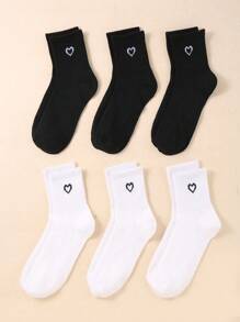 6双装女士纯色罗纹中筒袜 – 柔软舒适，时尚百搭，适合日常穿着，黑白灰爱心图案，适合徒步运动，可作礼物、圣诞礼物或圣诞袜填充物。