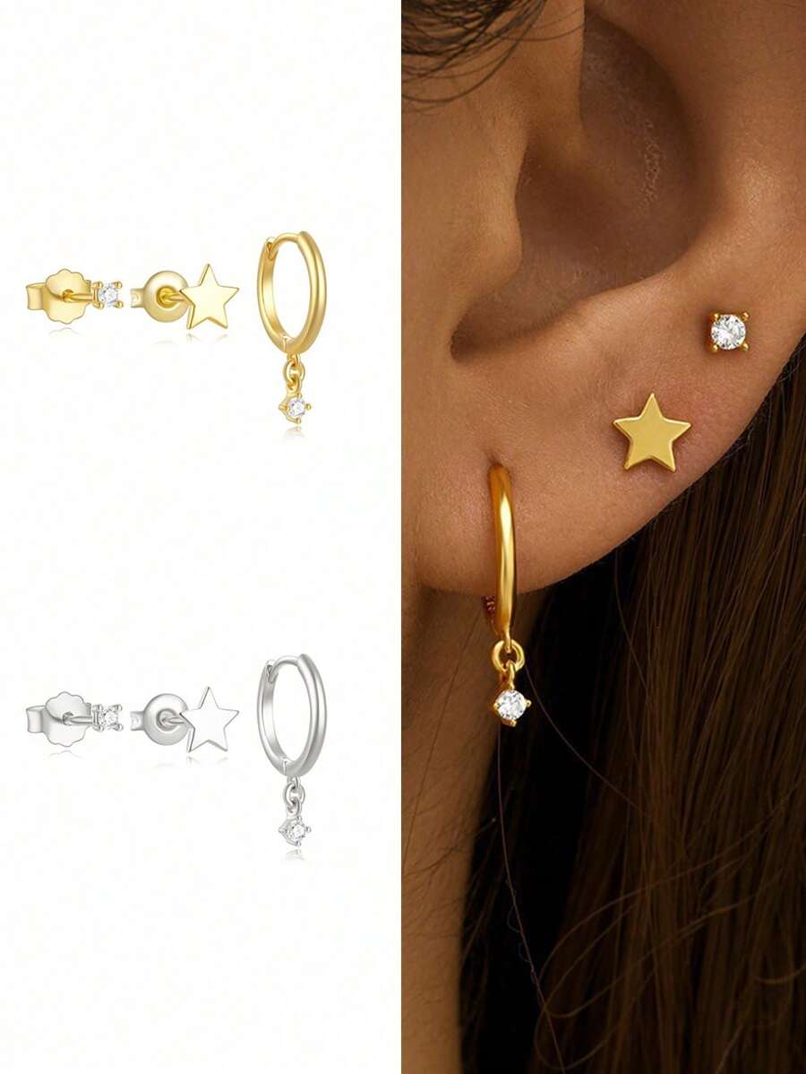 Bộ hoa tai Zirconia bóng hình học đơn giản, có thể xếp chồng, bạc Sterling 925, phong cách thiết kế cổ điển và thanh lịch, thích hợp để đeo hàng ngày, lựa chọn tốt nhất làm quà tặng sinh nhật cho phụ nữ - Bông tai nhỏ nhắn hình ngôi sao năm sao - Xem 1