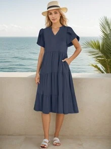 tooluck Dresses For Women,Summer Dresses,Vacation Dresses For Women,Casual Dresses For Women,Womens Ruffle Sleeve V Neck Midi Dress Casual Fit Flowy Tiered Vacation Sundress - 藏蓝色 - 查看 4