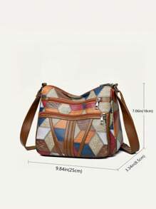 Tas Selempang Wanita Gaya Bohemian, Motif Kotak-kotak Warna, Retro, Kapasitas Besar, Banyak Kantong, Cocok untuk Komuter, dan Tali Bahu yang Dapat Disesuaikan. - Coklat - View 5