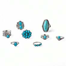 Vintage Geometric Turquoise Rings Set For Women Silver Color Ring Female Bohemian Jewelry - Silver - View 12