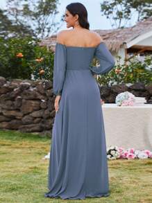 Elegante abito da damigella d'onore in chiffon blu polveroso con scollo a cuore, spalle scoperte e spacco sulla coscia, abito formale primaverile - blu polveroso - Visualizzare 2