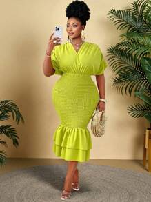 BIUBIU Plus Size V Neck Batwing Sleeve Surplice Neck Shirred Unitard Dress Shirred Double Layer Ruffle Hem Festival Vacation - Green - View 1