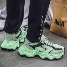 Men's Casual Sports Thick Sole Shoes, Fashionable Breathable Lightweight Lace-Up Walking Sneakers, Green, Perfect For Valentine's Day - Green - View 6