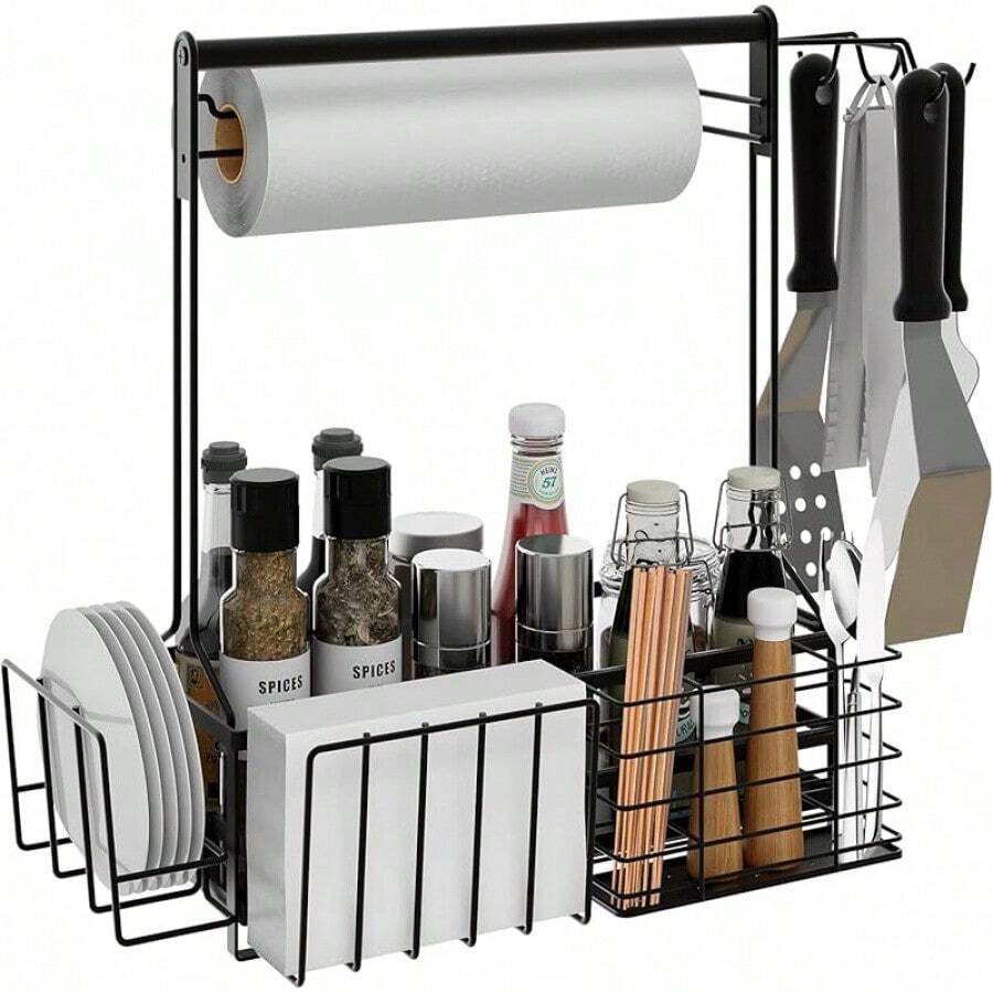 BBQ And Grill Caddy With Paper Towel Holder, Iron Steel Handle & 4 Hooks – Camper Accessories Condiment Caddy – Plates, Cutlery And BBQ Organizer For Camping Outdoor Grilling Tool Accessories