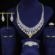 Ensemble de bijoux de mariage de luxe pour femmes - Collier, boucles d'oreilles, bague, bracelet, orné de bijoux colorés (rubis, saphir, émeraude), ensemble de bijoux de mariée, zirconium cubique en cuivre, élégant, romantique, royal, style princesse