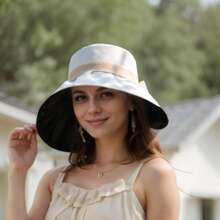 1pc Spring Wide Brimmed Women's Sun Hat, Bowknot Color Block, Polyester UV Protection Wind Resistant, Decorative - A-16 Opening - View 14