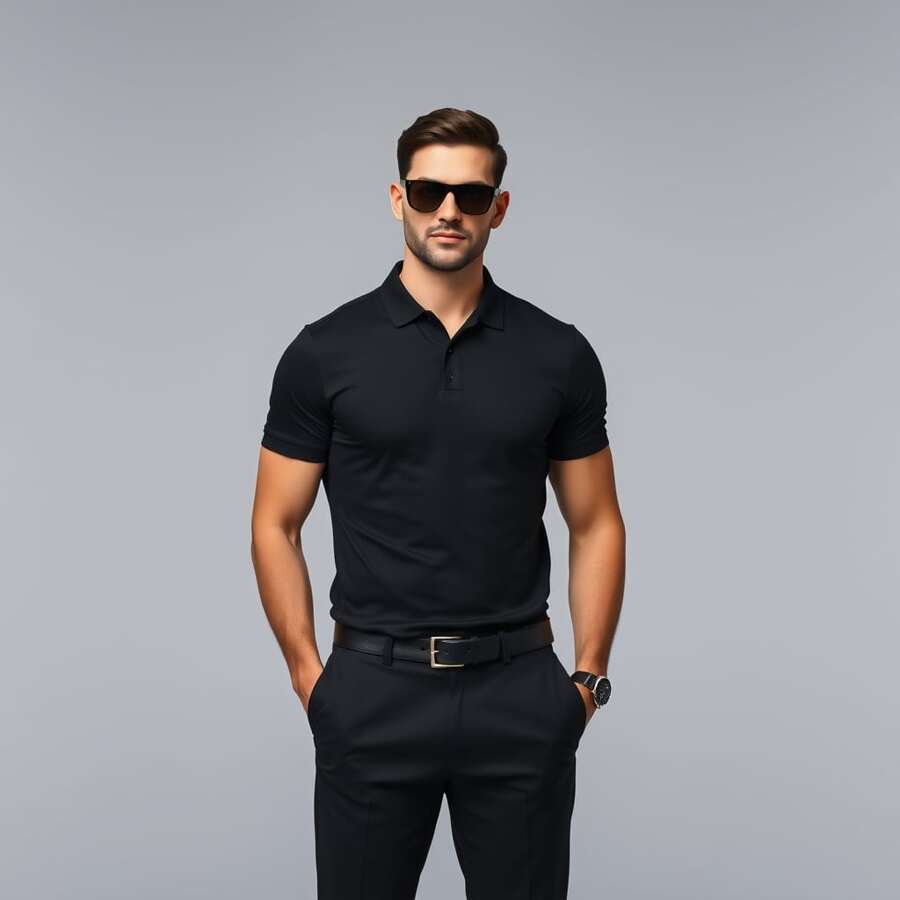 Men's Plain Polo Shirt Embroidered Premium Fabric Fatto A Mano - Black - View 1