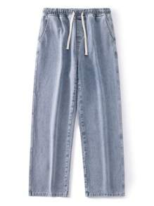 Pantalones vaqueros de mezclilla recta lavada minimalista y versátil de primera calidad, con cintura elástica con cordón, pantalones casuales para todas las estaciones