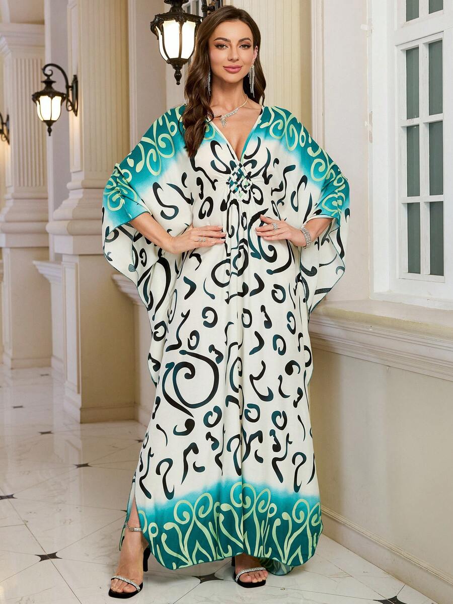 Bohemian Batwing Sleeves Kaftan Plus Size House Dress Modest Arabian Dress Outfits - Green - View 1