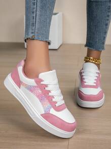 春季新款圆头系带撞色休闲运动鞋甜美莲藕粉色学生风舒适时尚女运动鞋 - 藕粉色 - 查看 5