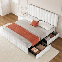 CuisinSmart Full/Queen/King Size Bed Frame With 4 Storage Drawers And Adjustable Headboard,PU Leather Upholstered Platform Bed Frame With Wooden Slats Support,No Box Spring Needed,Easy Assembly - trắng - Xem 5
