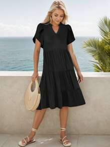 tooluck Dresses For Women,Summer Dresses,Vacation Dresses For Women,Casual Dresses For Women,Womens Ruffle Sleeve V Neck Midi Dress Casual Fit Flowy Tiered Vacation Sundress - 黑色 - 查看 5