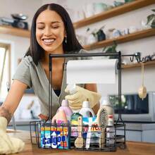 BBQ And Grill Caddy With Paper Towel Holder, Iron Steel Handle & 4 Hooks – Camper Accessories Condiment Caddy – Plates, Cutlery And BBQ Organizer For Camping Outdoor Grilling Tool Accessories