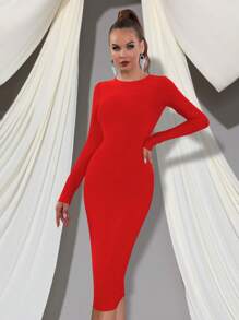 Gaun Midi Bodycon Lengan Panjang Seksi untuk Wanita dengan Resleting Besar di Belakang, Cocok untuk Liburan dan Pesta - Merah - View 5