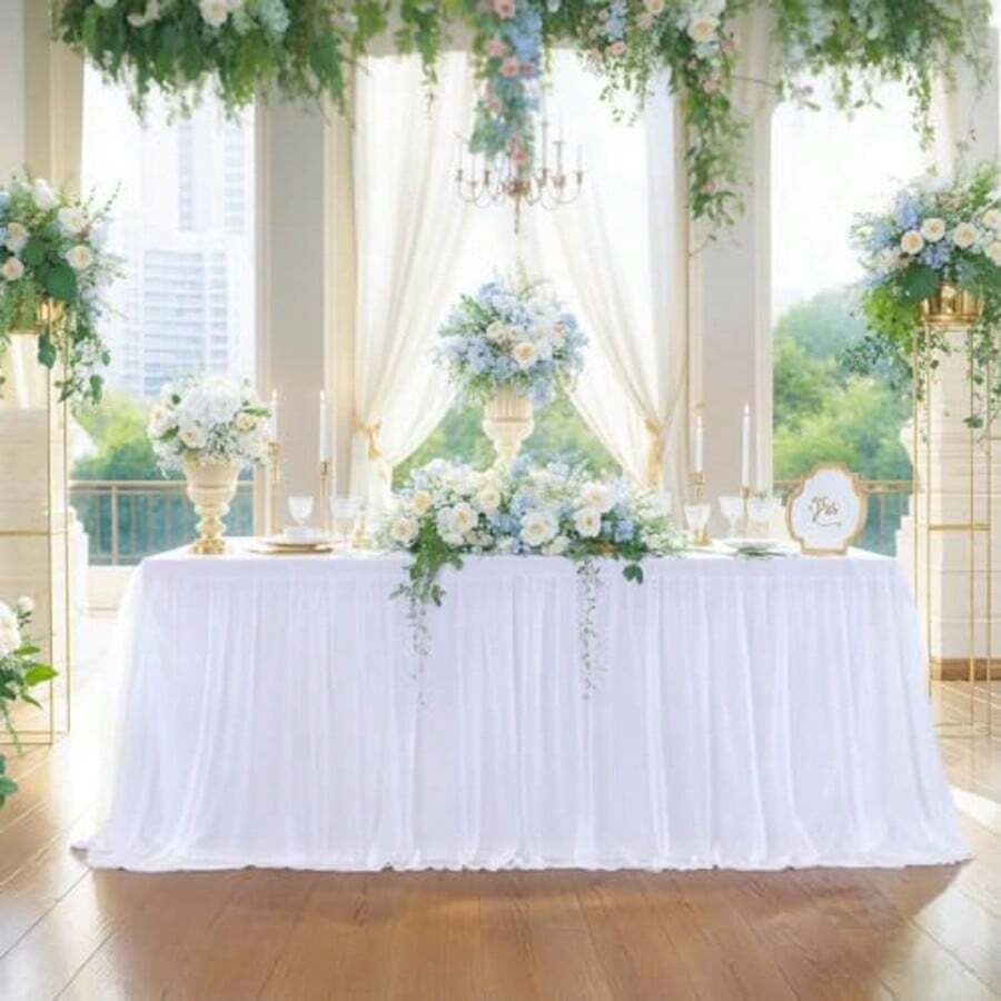 1pc White Sheer Ruffle + Lining Tableskirt, Fits Rectangular & Round Tables - Perfect For Birthday Parties, Weddings, Bridal Showers, Cake Tables, And All Celebration Events