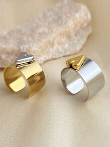 Minimalism Gold And Silver Color Large Heart Cocktail Ring Adjustable Y2k Heart Cuff Ring In Two-Tone Mixed Metals Jewelry - Gold - View 2