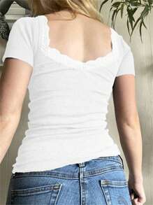 GAOVOT 女士 Y2K 性感蕾丝拼接休闲方领短袖 T 恤，夏季白色 - 白色 - 查看 5