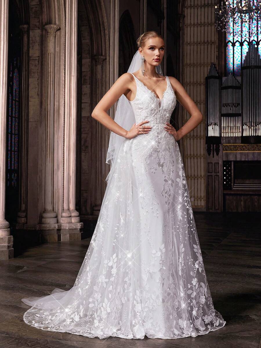 QOQ 浪漫无袖花卉刺绣简约优雅婚纱，适合婚礼、新娘 - 白色 - 查看 1