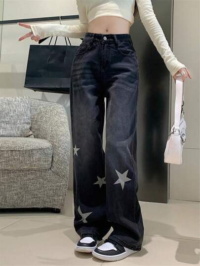 Vaqueros rectos holgados Y2K, vaqueros informales de calle, vaqueros rectos con diseño de estrella de cinco puntas
