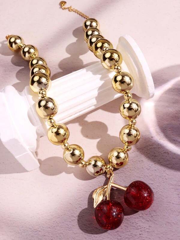 1pc requintado, luxuoso, elegante, único e versátil colar com pingente de cereja com contas douradas, adequado para mulheres, festas, feriados e uso diário