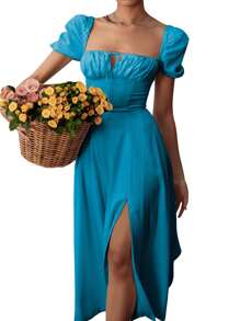 Women's Summer Long Dress Solid Color Short Sleeve Square Neck Ruched Tie Up Party Dress - Lake Blue - View 6
