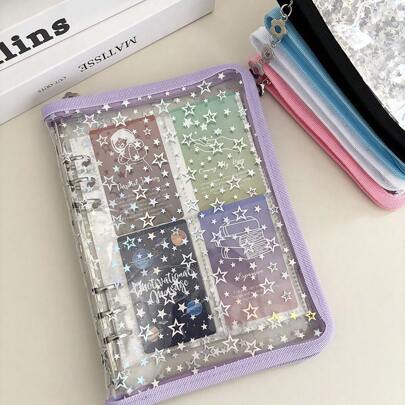 A5レーザースター リングマカロン メタルファスナーカバー、10個入り 1/2/4 仕切りスリーブバッグ、DIYコレクションブックセット、学校文具、新学期準備シール帳しーる帳シール