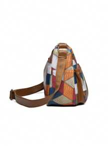 Tas Selempang Wanita Gaya Bohemian, Motif Kotak-kotak Warna, Retro, Kapasitas Besar, Banyak Kantong, Cocok untuk Komuter, dan Tali Bahu yang Dapat Disesuaikan. - Coklat - View 9