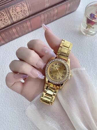 1 件女士时尚优雅金色圆形表盘石英表，适合日常装饰/派对/礼物