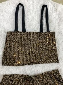 Women's Sequin Shorts Set With Pockets, Cropped Top And Straps For Bloggers - Gold - View 2