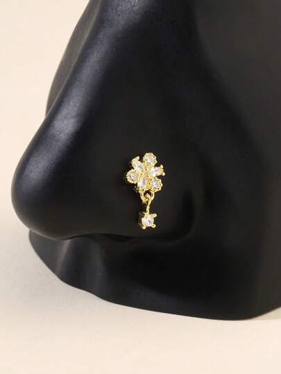 1 pièce Anneau de nez en forme de L avec fleur en zircone cubique doré et pendentif, convient pour un port quotidien, cadeau pour les femmes